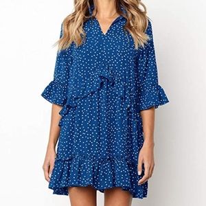 MITILLY Women's V Neck Ruffle Polka Dot Loose Swing Dress, with pockets. Small